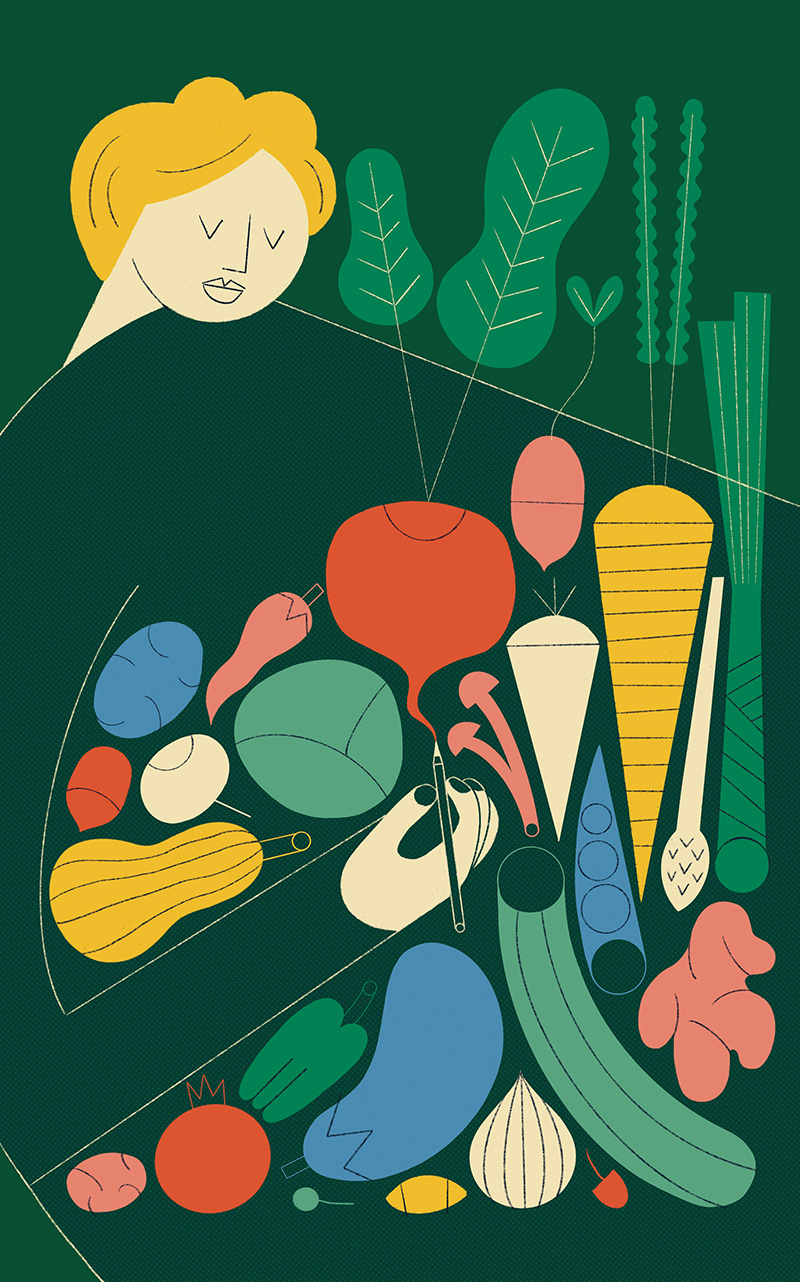 An illustration of a woman surrounded by vegetables