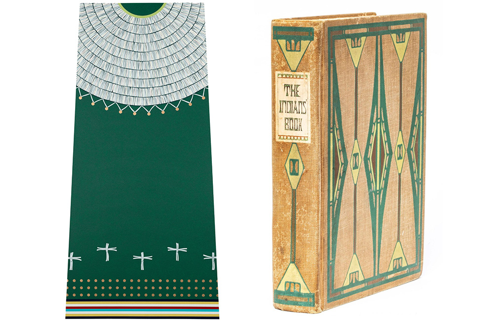 A green screenprint of a Native American dress and a book with the title "The Indians' Book"