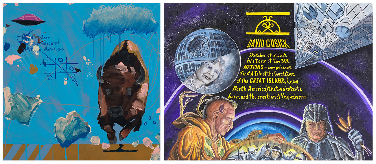 A painting of a charging buffalo and a painting showing two Native Americans against a Star Wars themed background