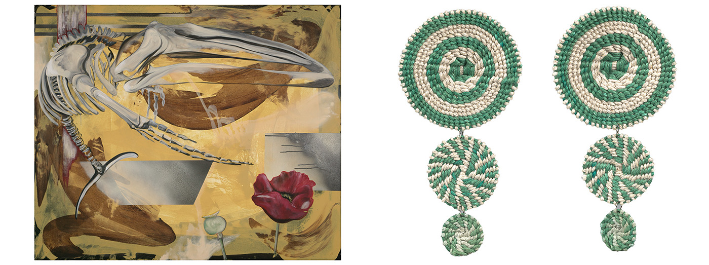 A modernist collage of a whale skeleton and a two green embroidered earrings