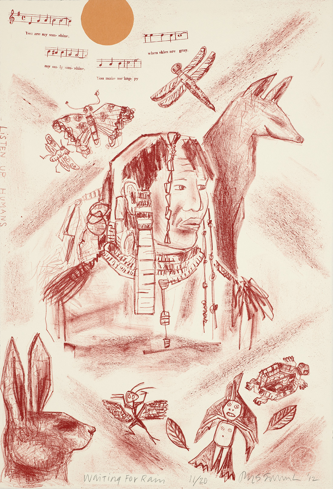 A lithograhph showing a Native American man surrounded by animals