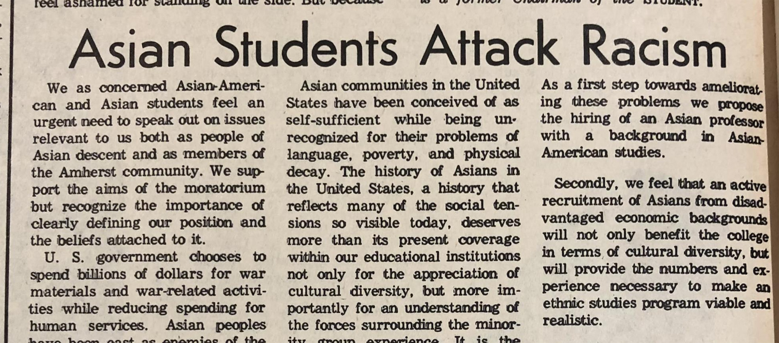 Newspaper headline, Asian Students Attack Racism, from 1972 student newspaper