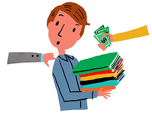 A person holding books with a hand reaching out with a handful of money