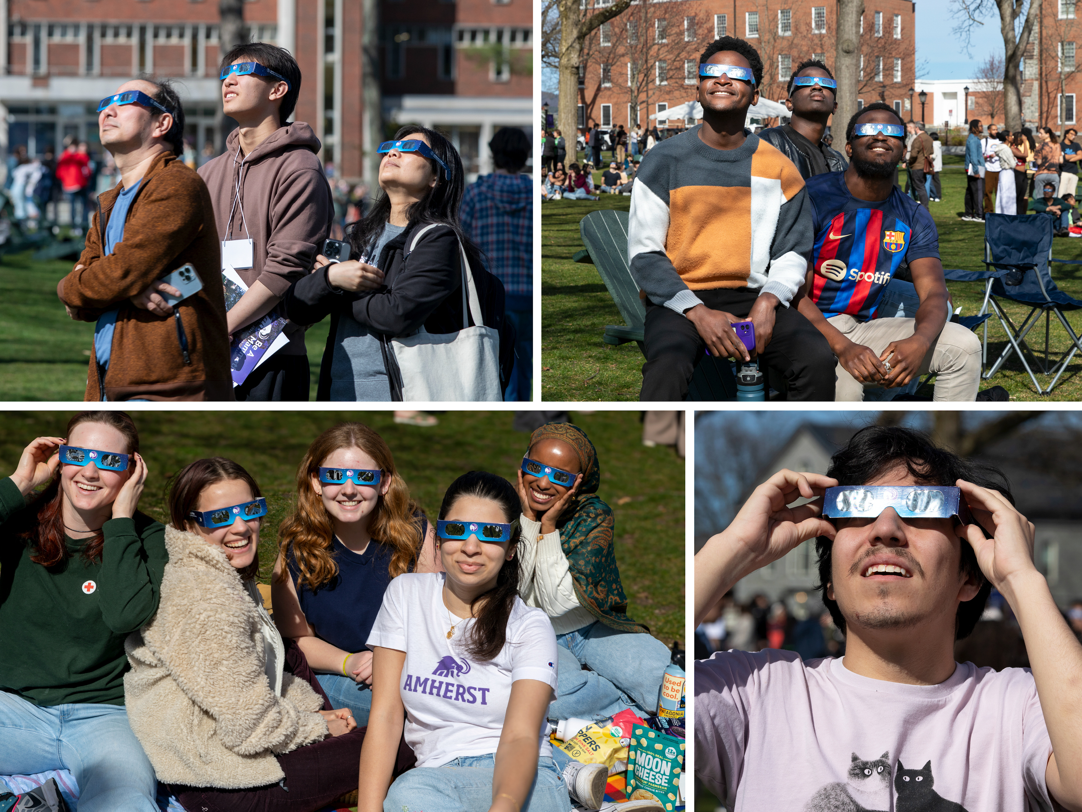 A collage of four photos showing students and family members wearing solar eclipse glasses.