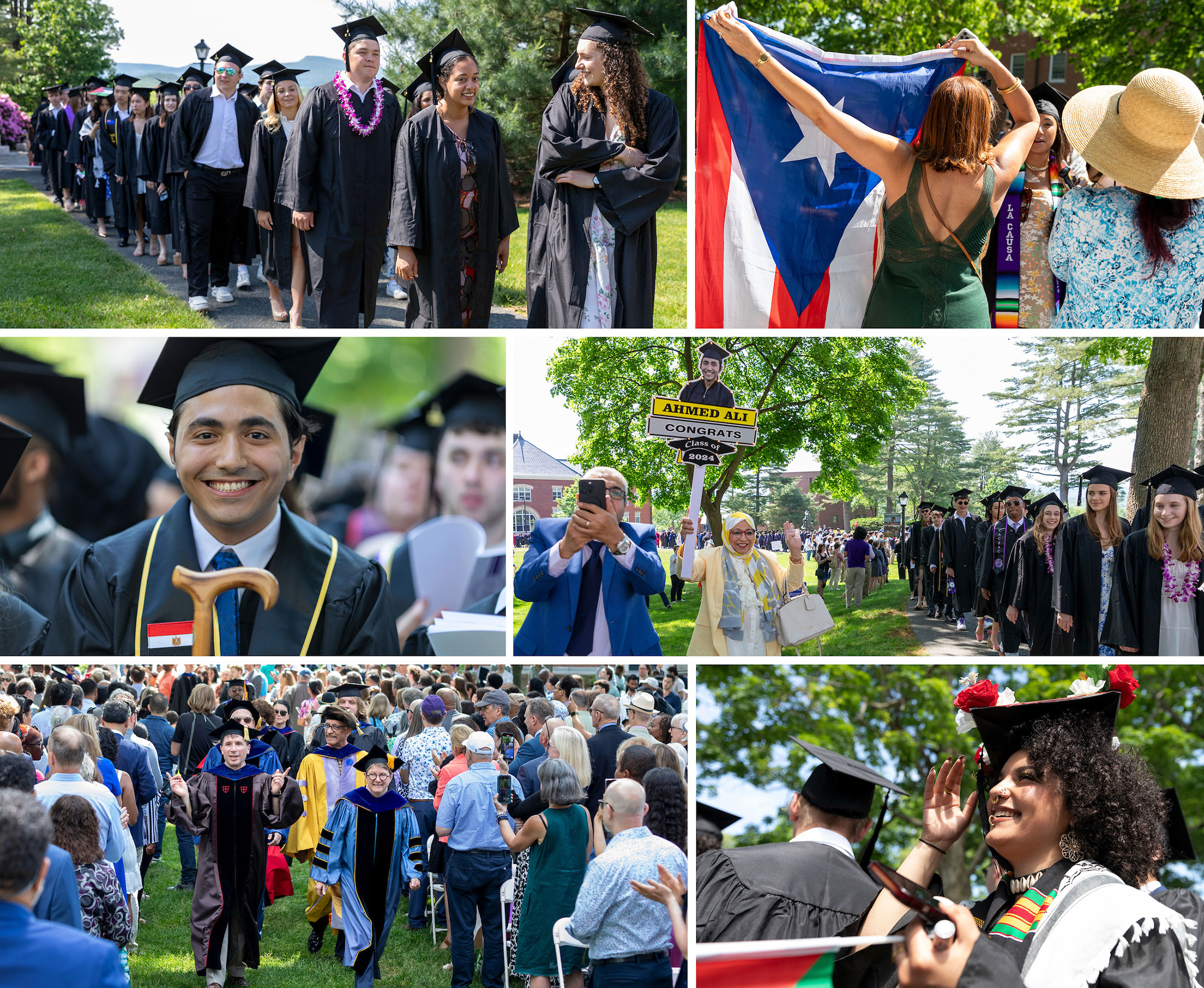Collage of images showing students and faculty processing during Commencement and the audience cheering them on.