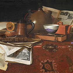 An old painting of papers and books scattered across a desk