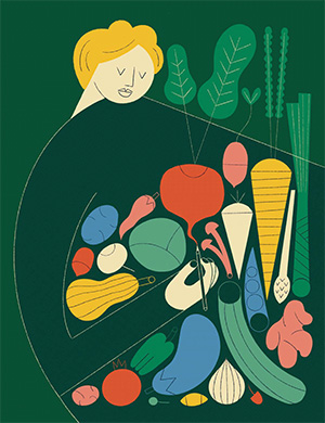 An illustration of a woman holding a bunch of vegetables and plants