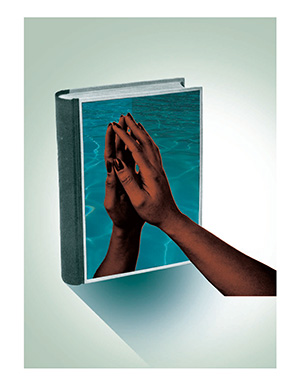 An illustration of a hand touching a book