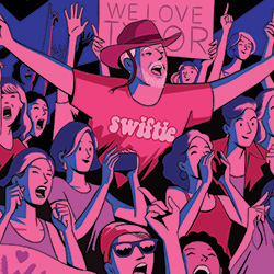 A pink illustration of a man yelling in a crowd of young women