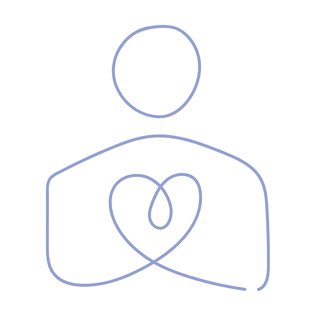 Line drawing of figure with hands folded in shape of a heart