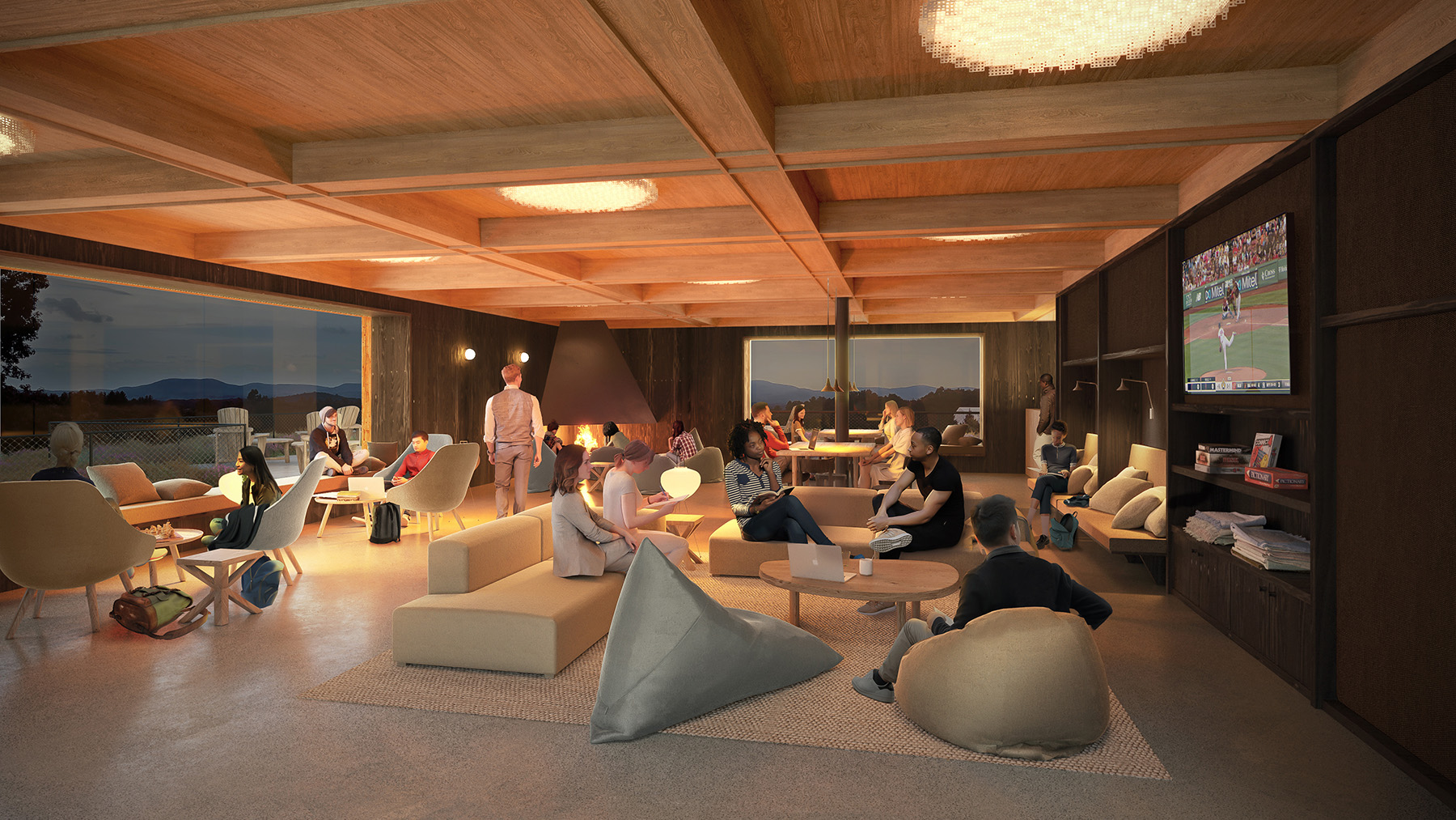 A rendering of a darkly lit lounge area with large windows looking out over hills