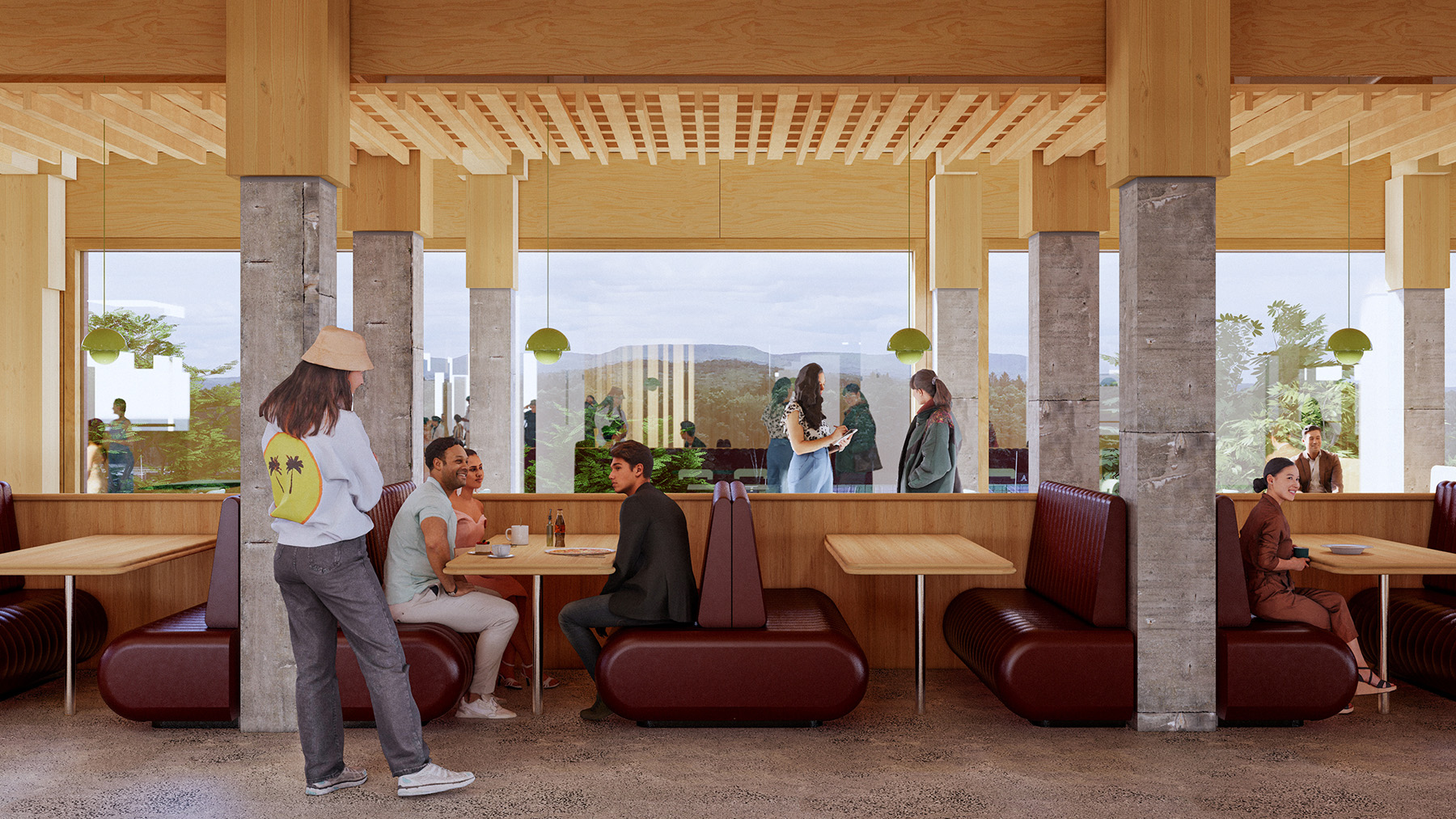 A rendering of benches in a modern looking cafe and food area