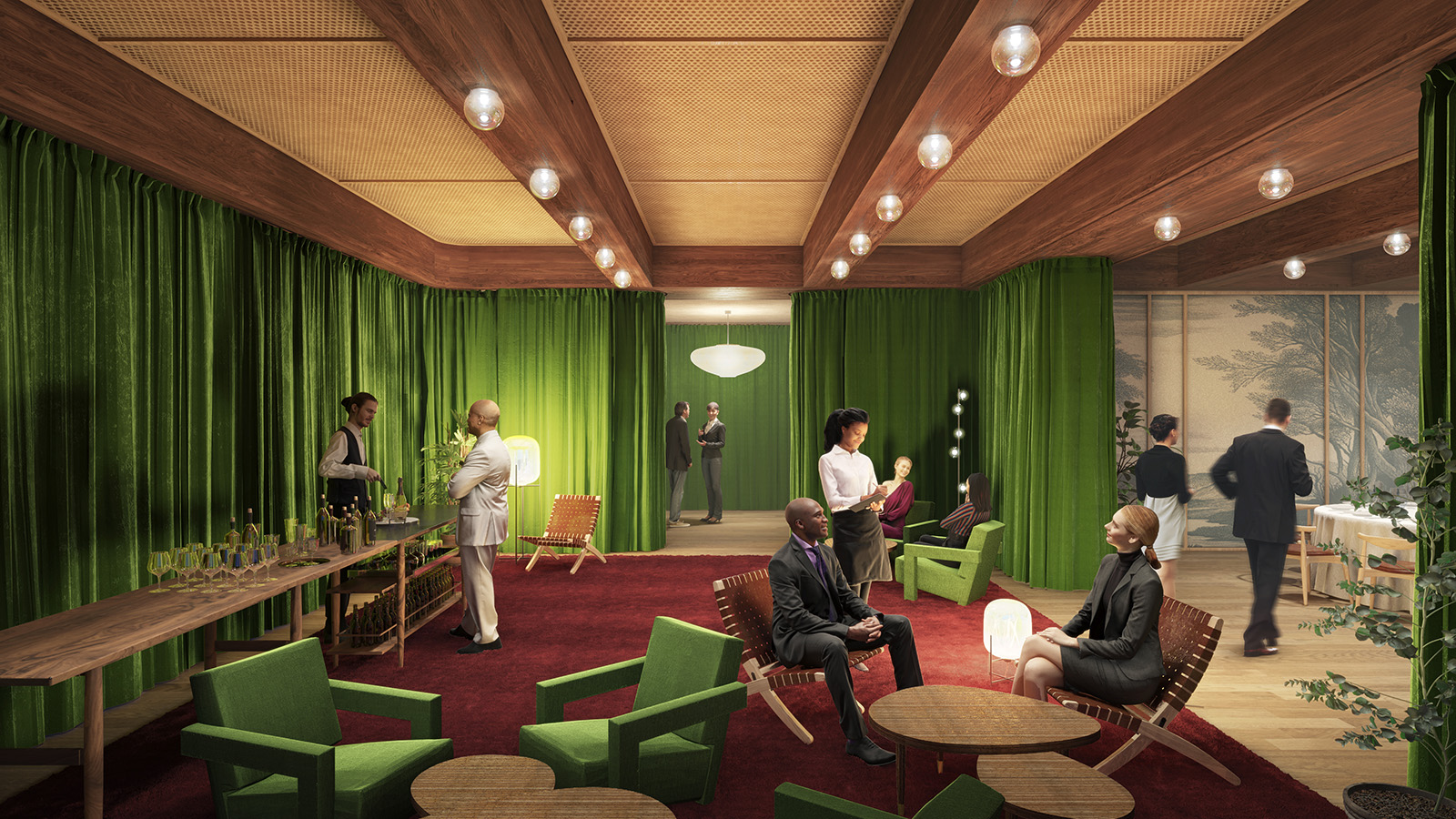 A rendering of an event space with green curtains and a seating area
