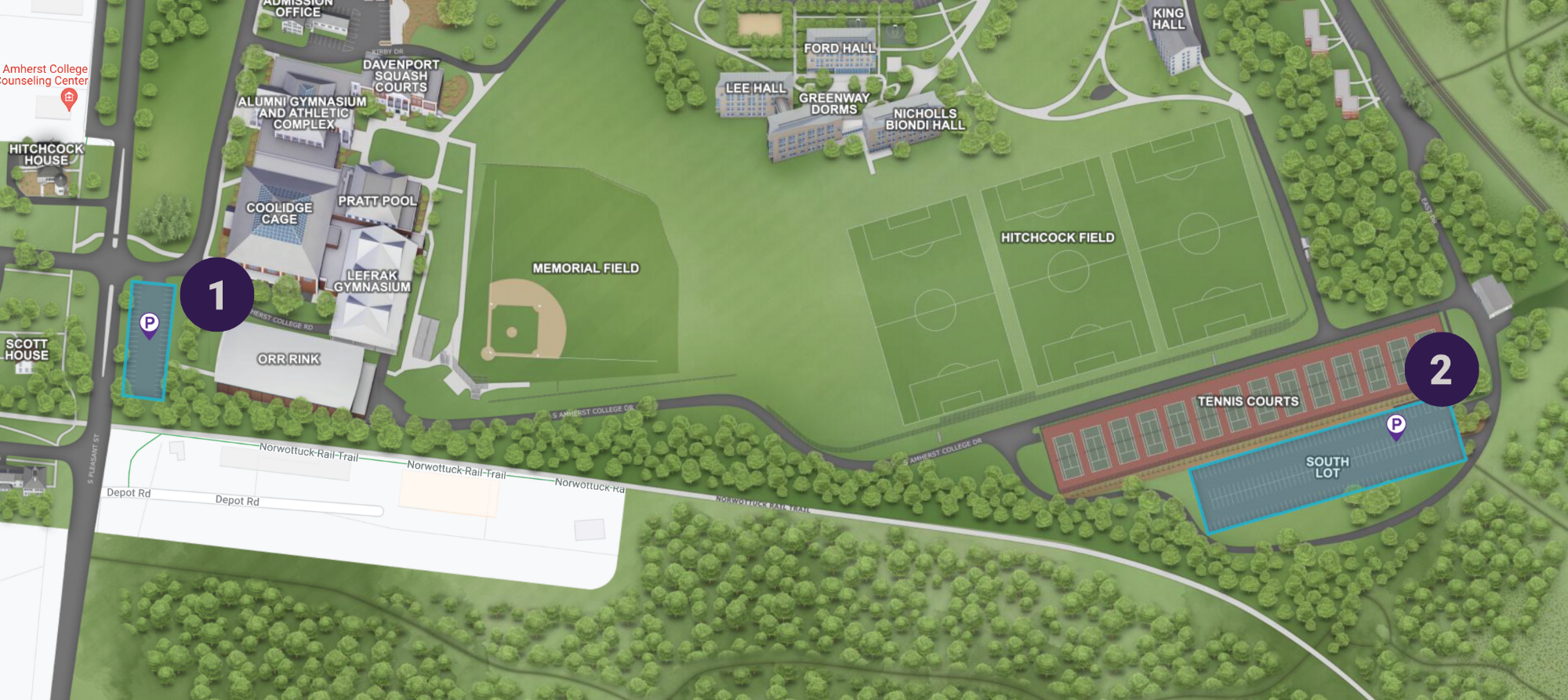 A map of south campus with Orr Rink parking and South Lot parking highlighted