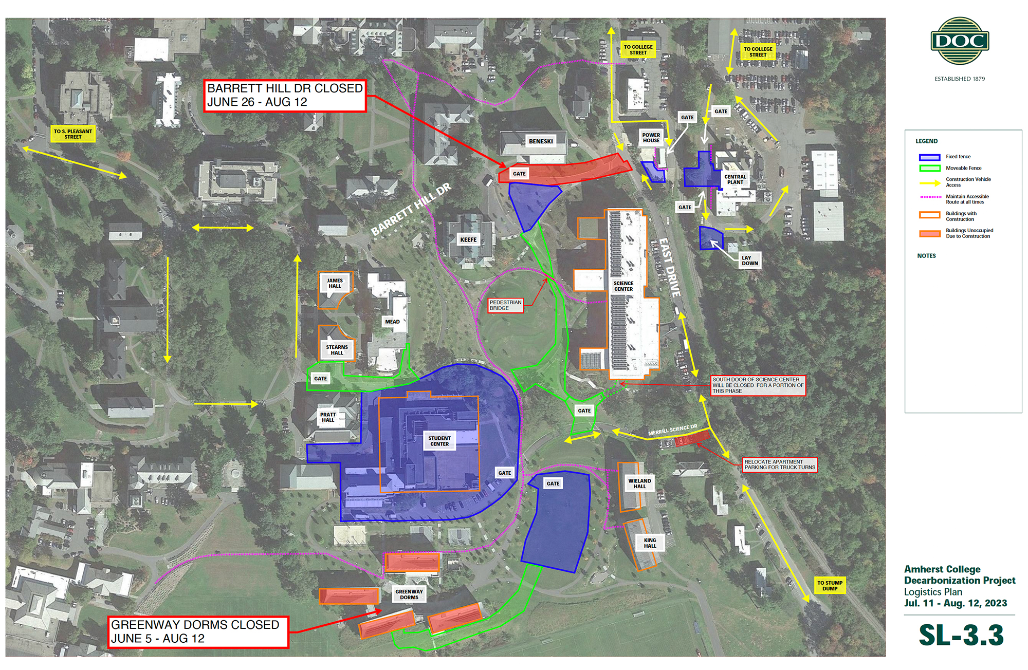 A map of campus with construction points that are explained in the accompanying text