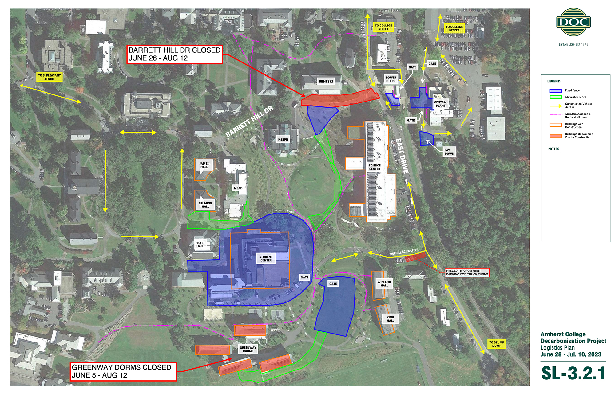 A construction map of campus showing areas of work described in the accompanying text