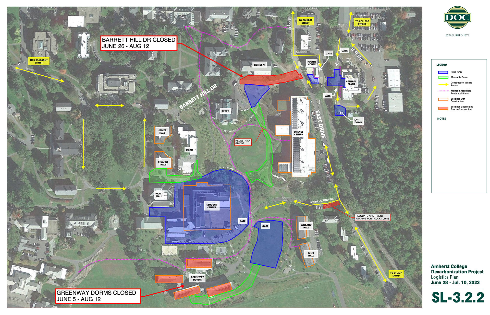 A construction map of campus showing areas of work described in the accompanying text