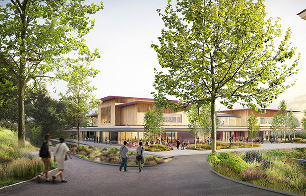 A rendering of the new student center from the back