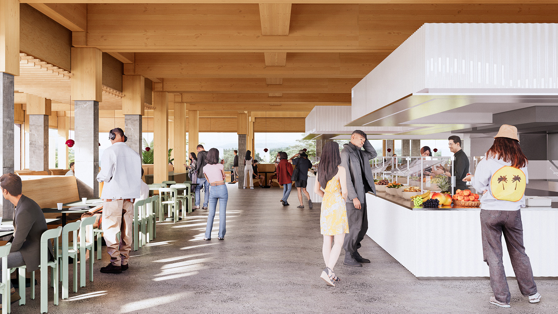 A rendering of a modern looking cafe and food area