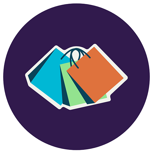A graphic of shopping bags in a purple circle