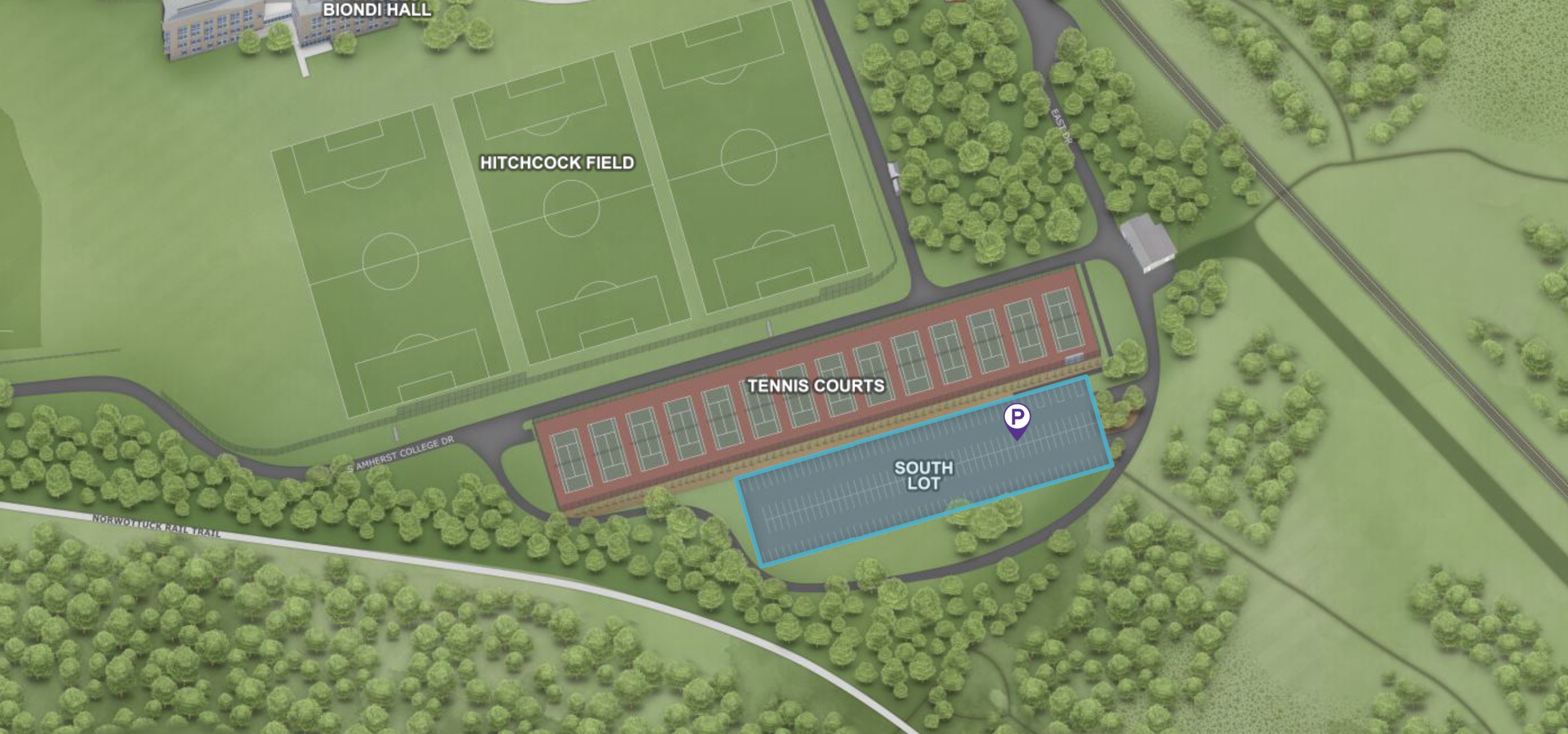 A map of the tennis courts and south lot at Amherst College