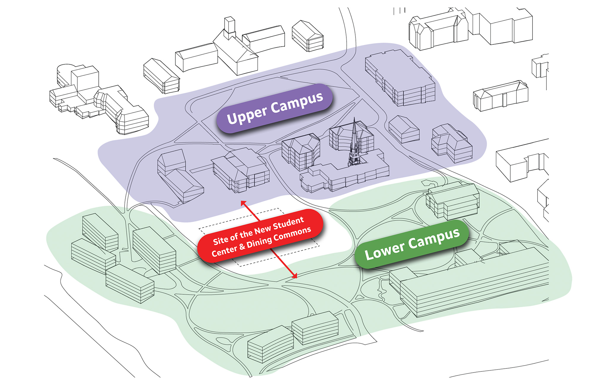 A map of Amherst College campus with an "Upper Campus" label over the quad, a "Lower Campus" label over the Science Center and the new student center inbetween