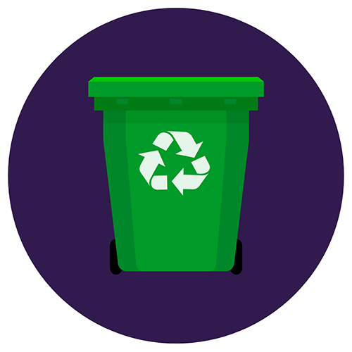 A graphic of a waste can in a purple circle