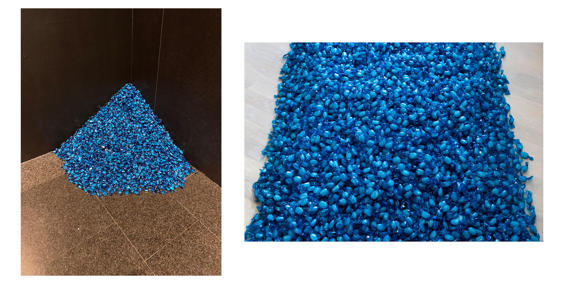 Left: A pile of candies with blue plastic wrappers heaped into a corner formed by black walls. Right: A swath of candies with blue wrappers against a wood floor. The candy is centered and its overall extent is cut off by the frame of the photograph.
