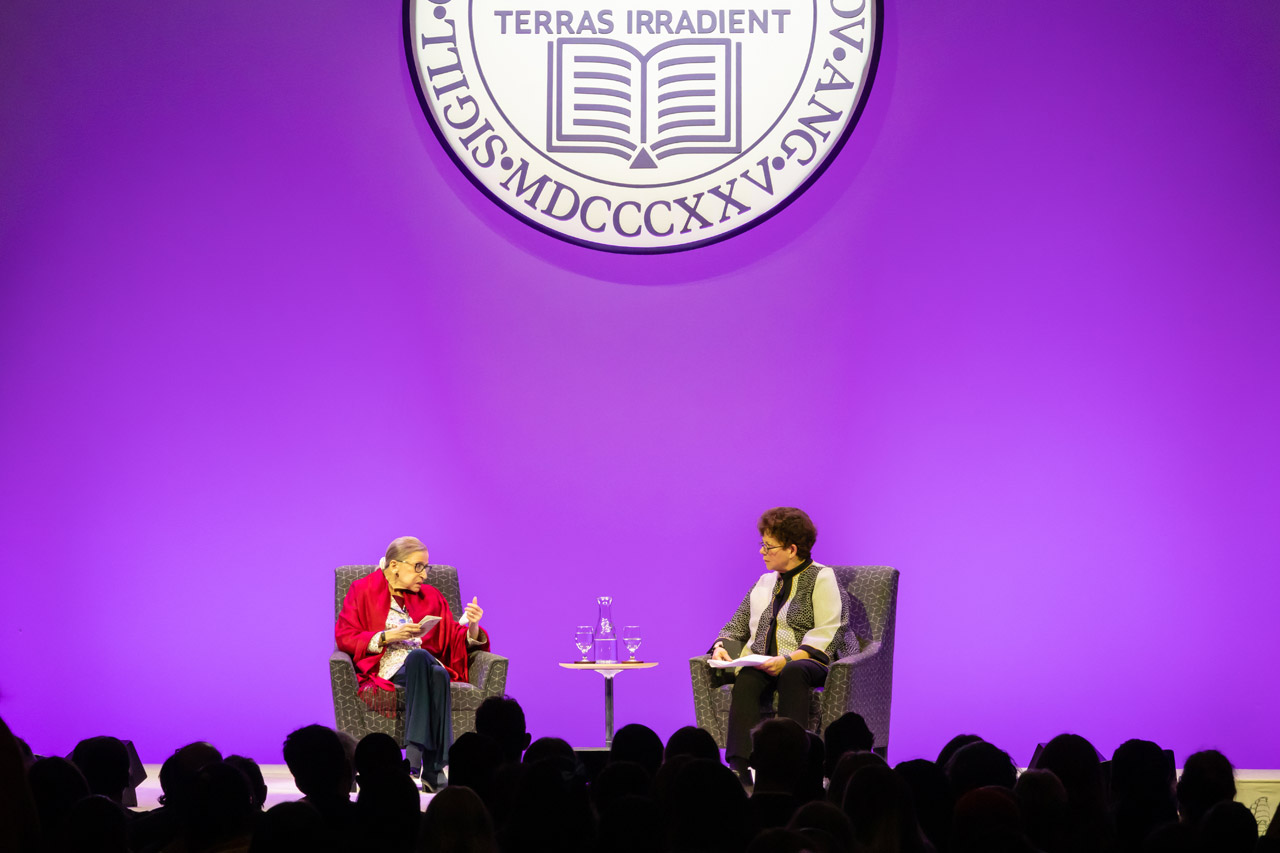 Ruth Bader Ginsburg and Biddy Martin talking on stage