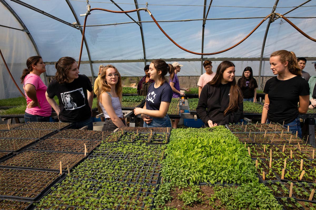 Students gathered inside the greenhouse