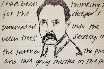 Writing and drawing of Rainer Maria Rilke on Frost Library restroom wall