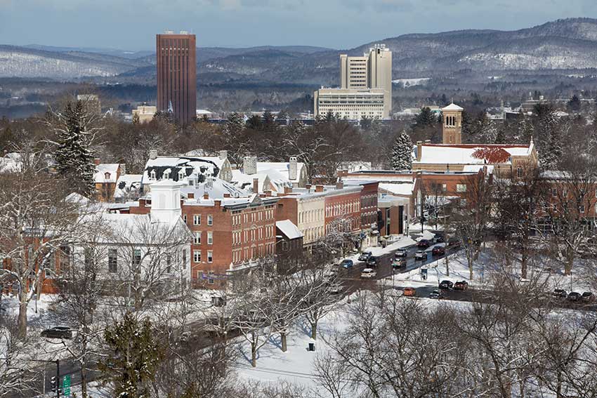 Aerial view of downtown Amherst, Massachusetts