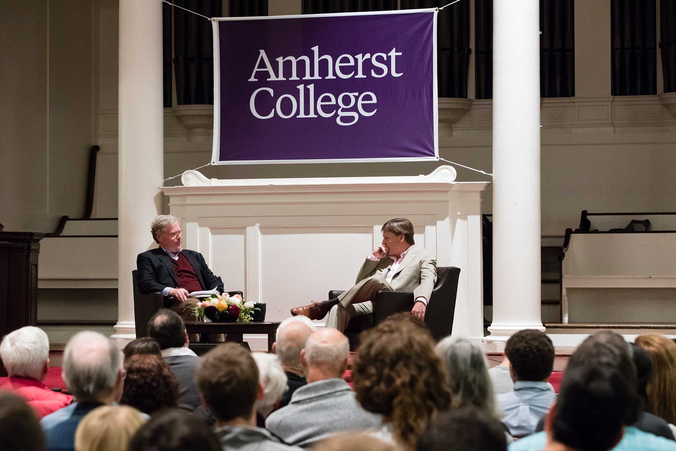 Michael Lewis with Cullen Murphy in Johnson Chapel at Amherst College