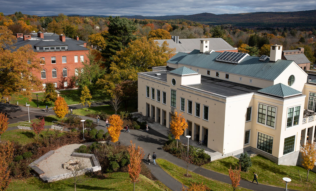 aerial view of the Campus Center building set against the hills in autumn