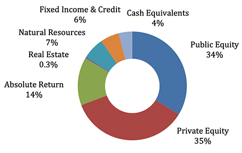 Cash 4%; Real Estate 0.3%; Natural Res 7%; Pub Eq 34%; Private Eq 35%; Absolute Return 14%; Fixed Income 6%