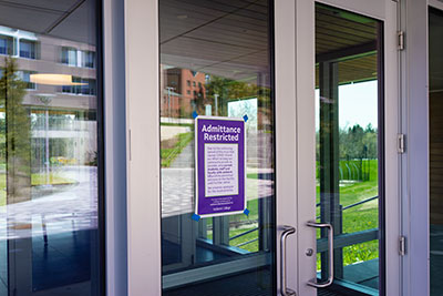 Signs on Amherst College campus indicating access restrictions during coronavirus closings