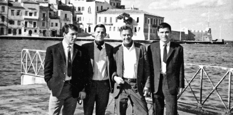James Merrill ’47 posing with 3 friends in Crete