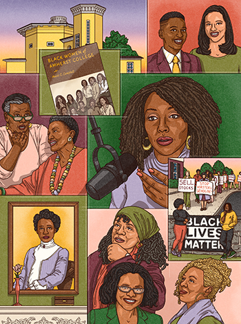 An illustration of various Black woman against colorful backgrounds