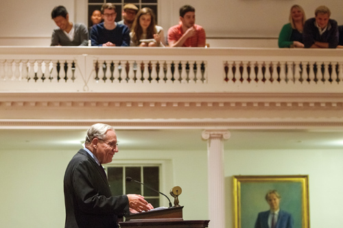 Bob Woodward at podium in Johnson Chapel