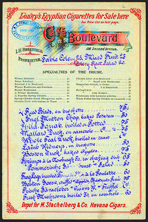 Colorful menu from Cafe Boulevard