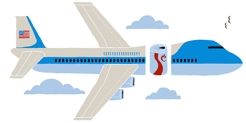 An illustration of an airplane with a coke can in the middle of it
