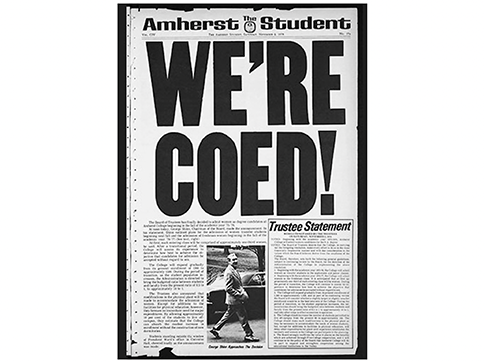 A newspaper with a large headline reading "We're Coed!"