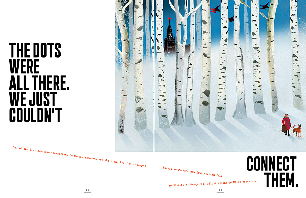A magazine spread with a snowy woods with the headline "The Dots Were All There. We Just Couldn't Connect Them."