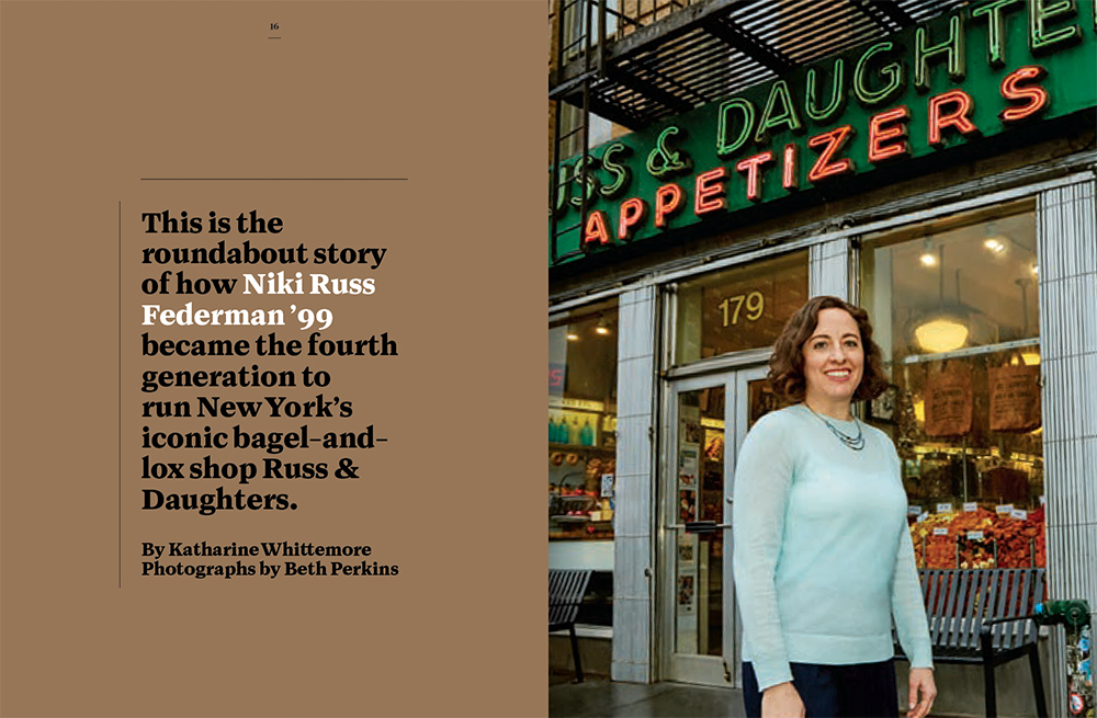 A magazine spread showing a woman standing in front of a New York City deli
