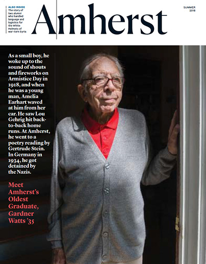 Magazine cover with text and a photo highlighting a story about Amhert's oldest graduate, Gardner Watts