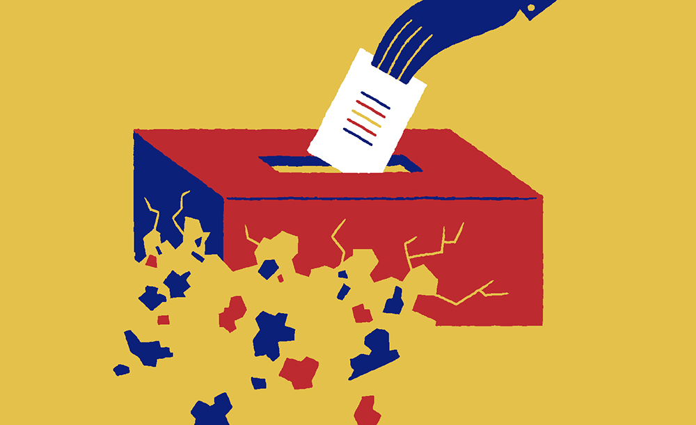 An illustration of a person putting a slip of paper into a crumbling ballot box