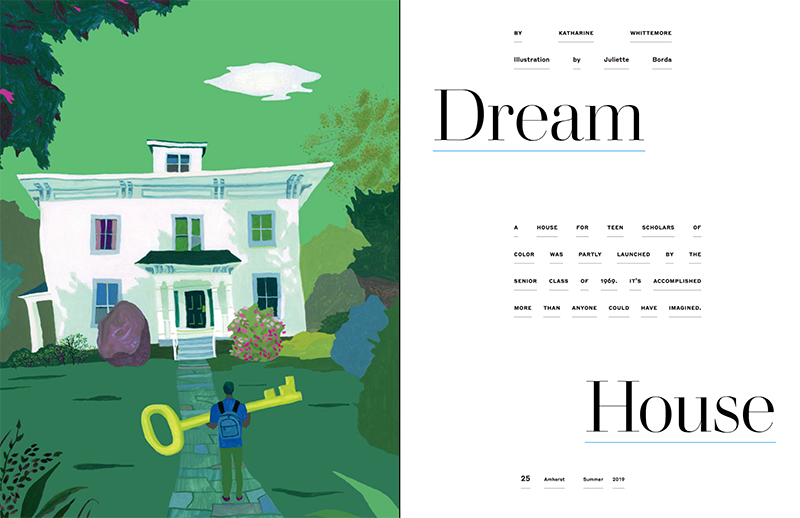 A spread from the Amherst Magazine with the title Dream House that shows an illustration of man with a key in front of a house