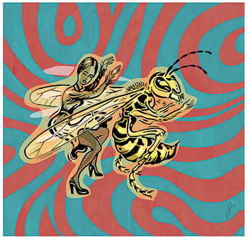 An illustration of a woman dancing with a giant bee