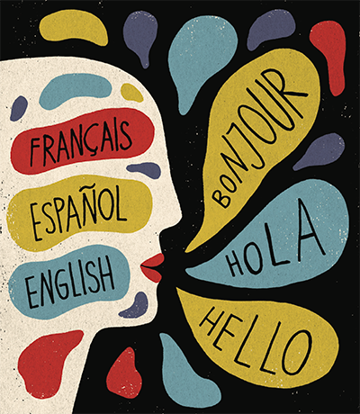 An illustration of a head with Spanish words surrounding it
