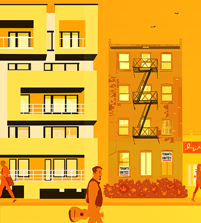 An illustration of city buildings with a yellow and orange shade